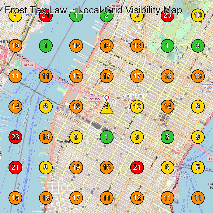 Frost Tax Law Tax Attorney GeoGrid ranking map for New York NY